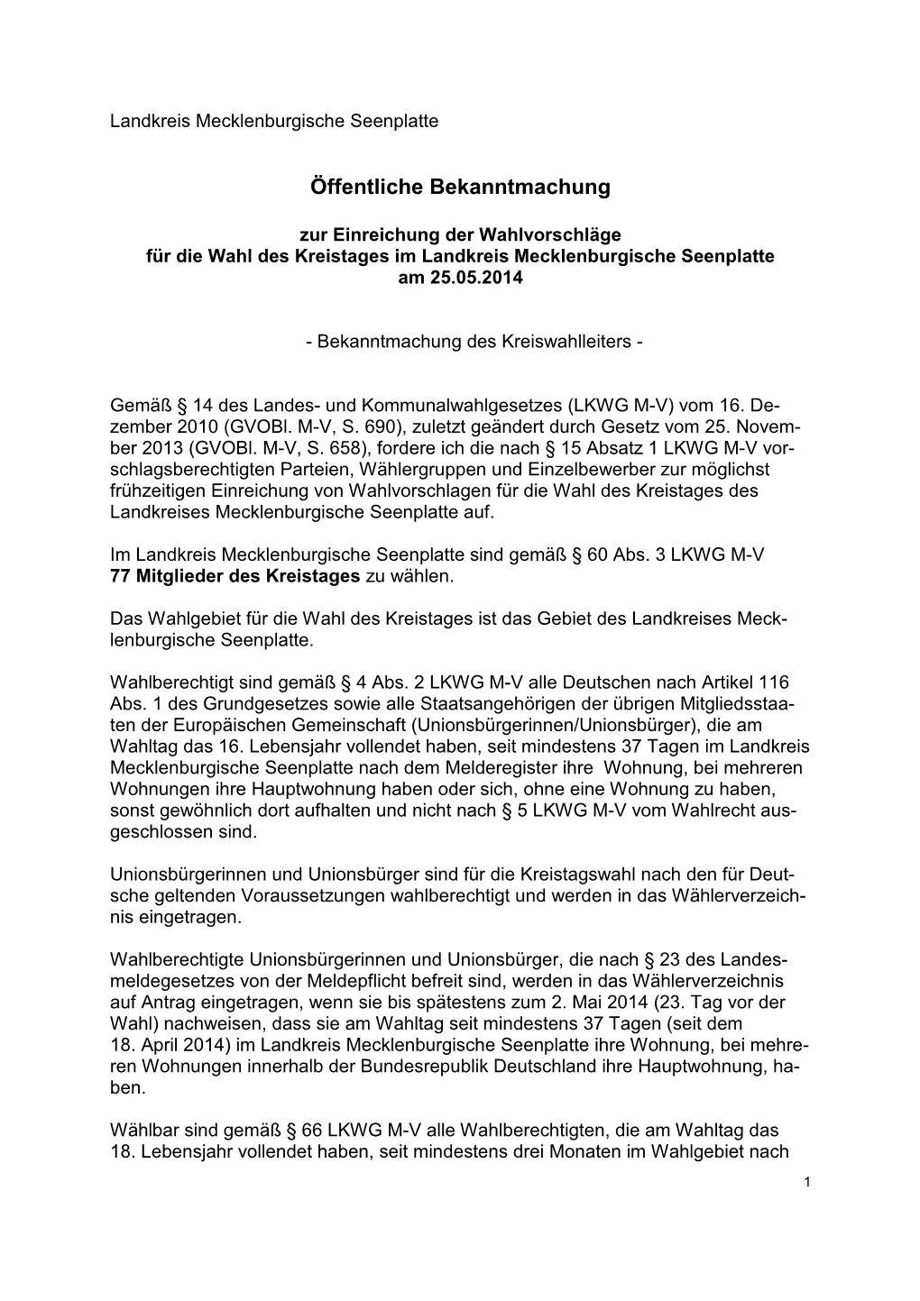 Wahlvorschläge Für Die Wahl Des Kreistages Im Landkreis Mecklenburgische Seenplatte Am 25.05.2014