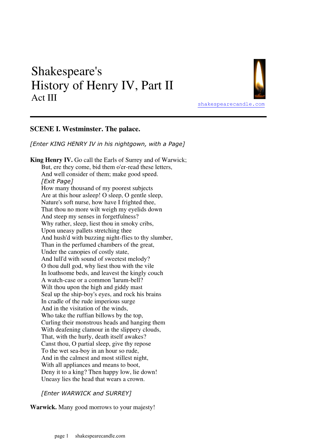 Shakespeare's History of Henry IV, Part II Act III Shakespearecandle.Com
