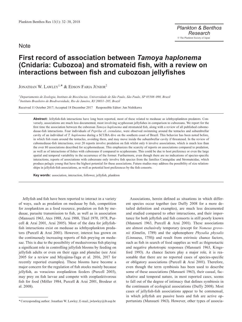 (Cnidaria: Cubozoa) and Stromateid Fish, with a Review On