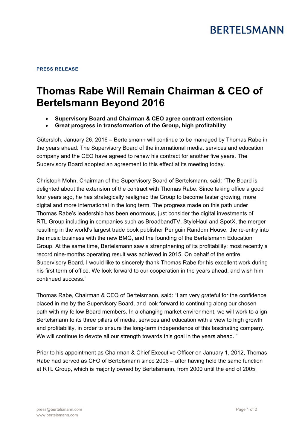 Thomas Rabe Will Remain Chairman & CEO of Bertelsmann Beyond 2016