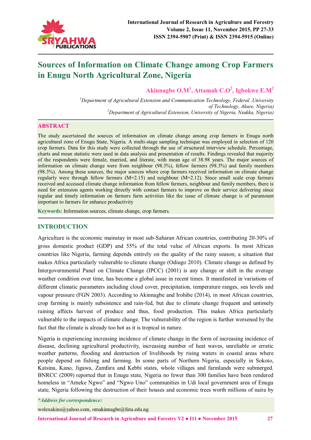 Sources of Information on Climate Change Among Crop Farmers in Enugu North Agricultural Zone, Nigeria