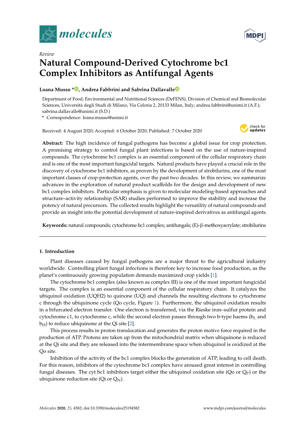 Natural Compound-Derived Cytochrome Bc1 Complex Inhibitors As Antifungal Agents