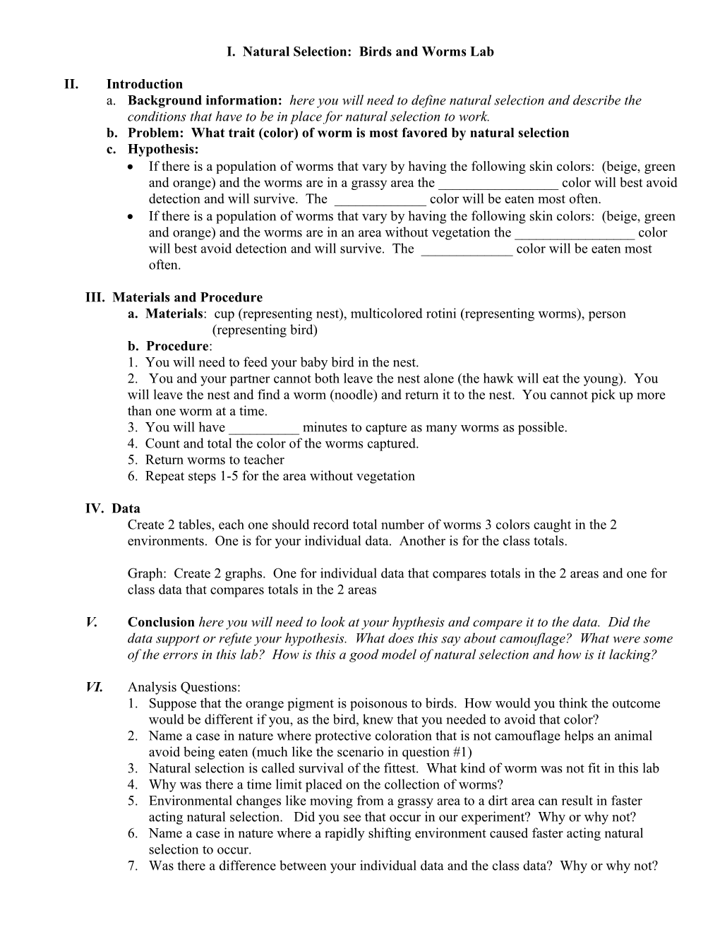 I. Natural Selection: Birds and Worms Lab
