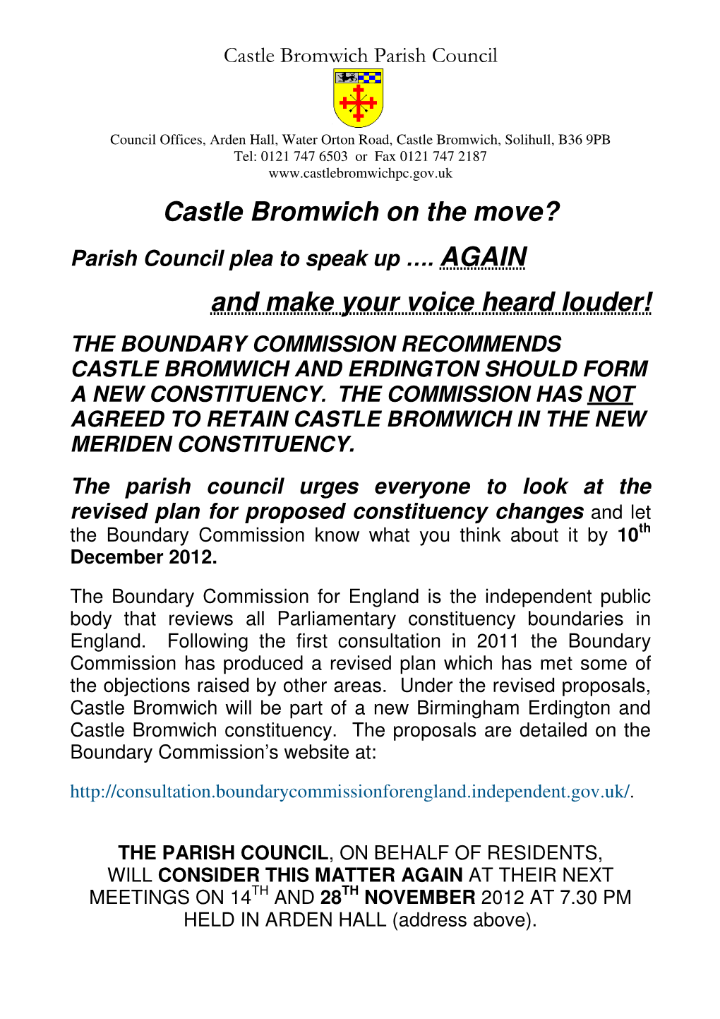 Castle Bromwich on the Move? Parish Council Plea to Speak up …