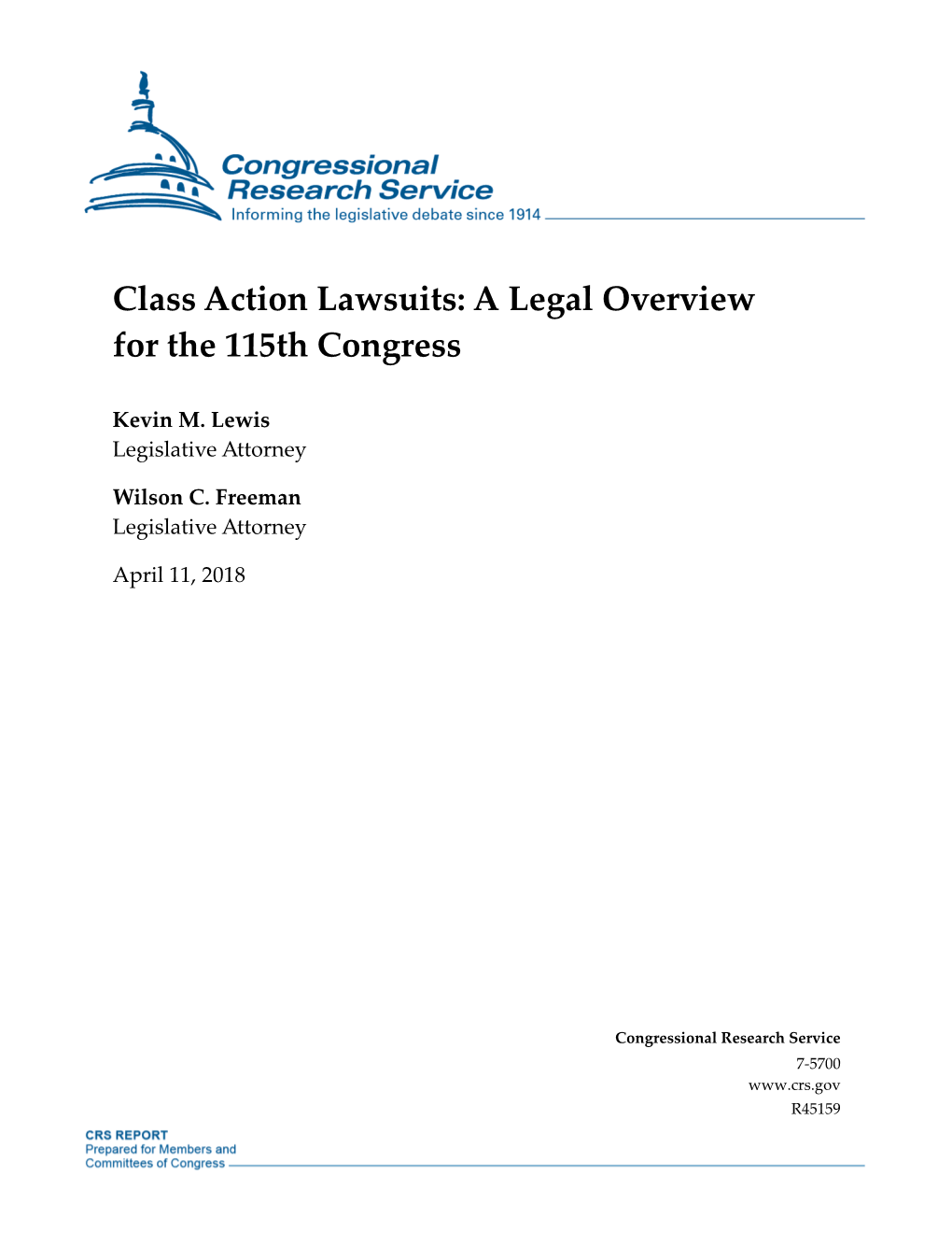 Class Action Lawsuits: a Legal Overview for the 115Th Congress