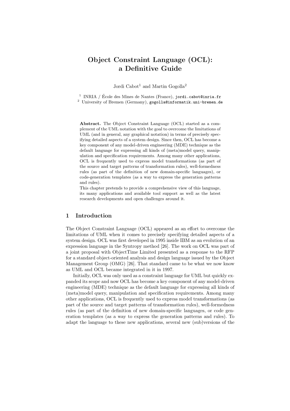 Object Constraint Language (OCL): a Definitive Guide