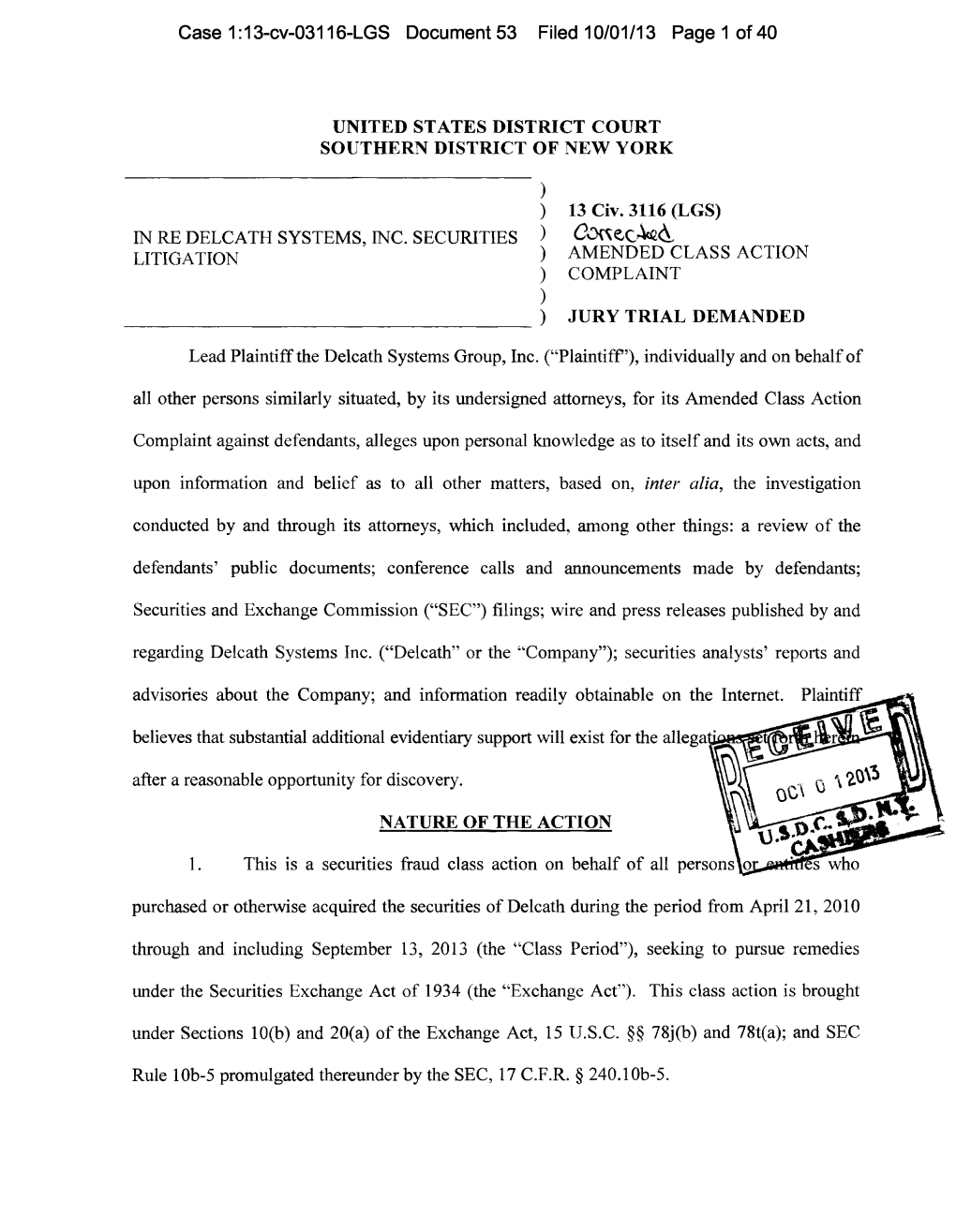 In Re Delcath Systems, Inc. Securities Litigation 13-CV-03116-Amended