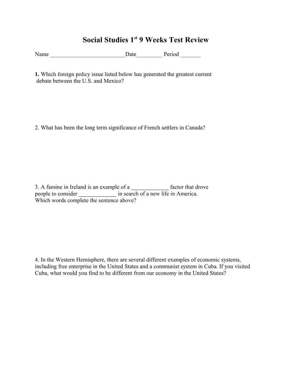 Social Studies 1St 9 Weeks Common Assessment for 6Th Grade