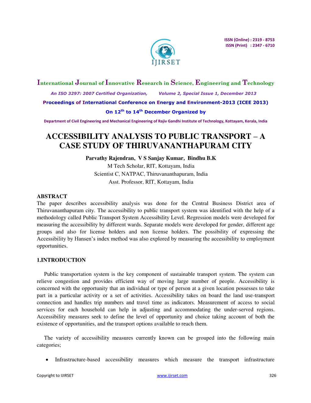 Accessibility Analysis to Public Transport – a Case Study of Thiruvananthapuram City