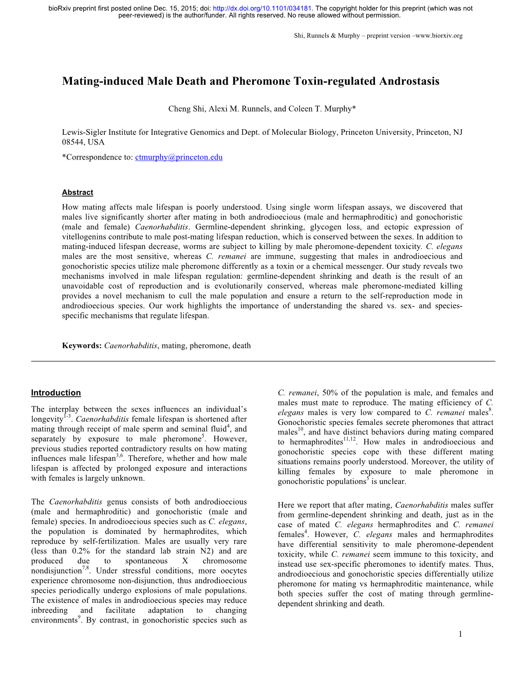 Mating-Induced Male Death and Pheromone Toxin-Regulated Androstasis