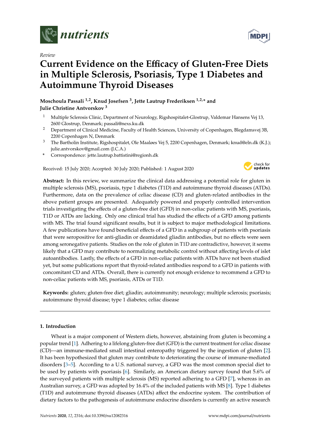 Current Evidence on the Efficacy of Gluten-Free Diets in Multiple