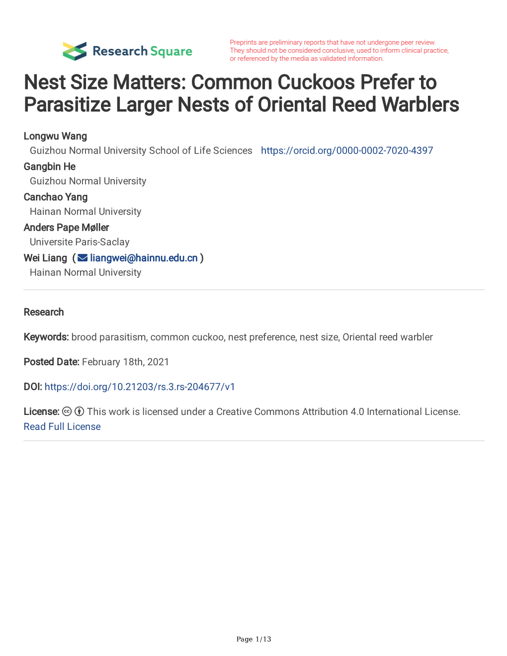 Nest Size Matters: Common Cuckoos Prefer to Parasitize Larger Nests of Oriental Reed Warblers