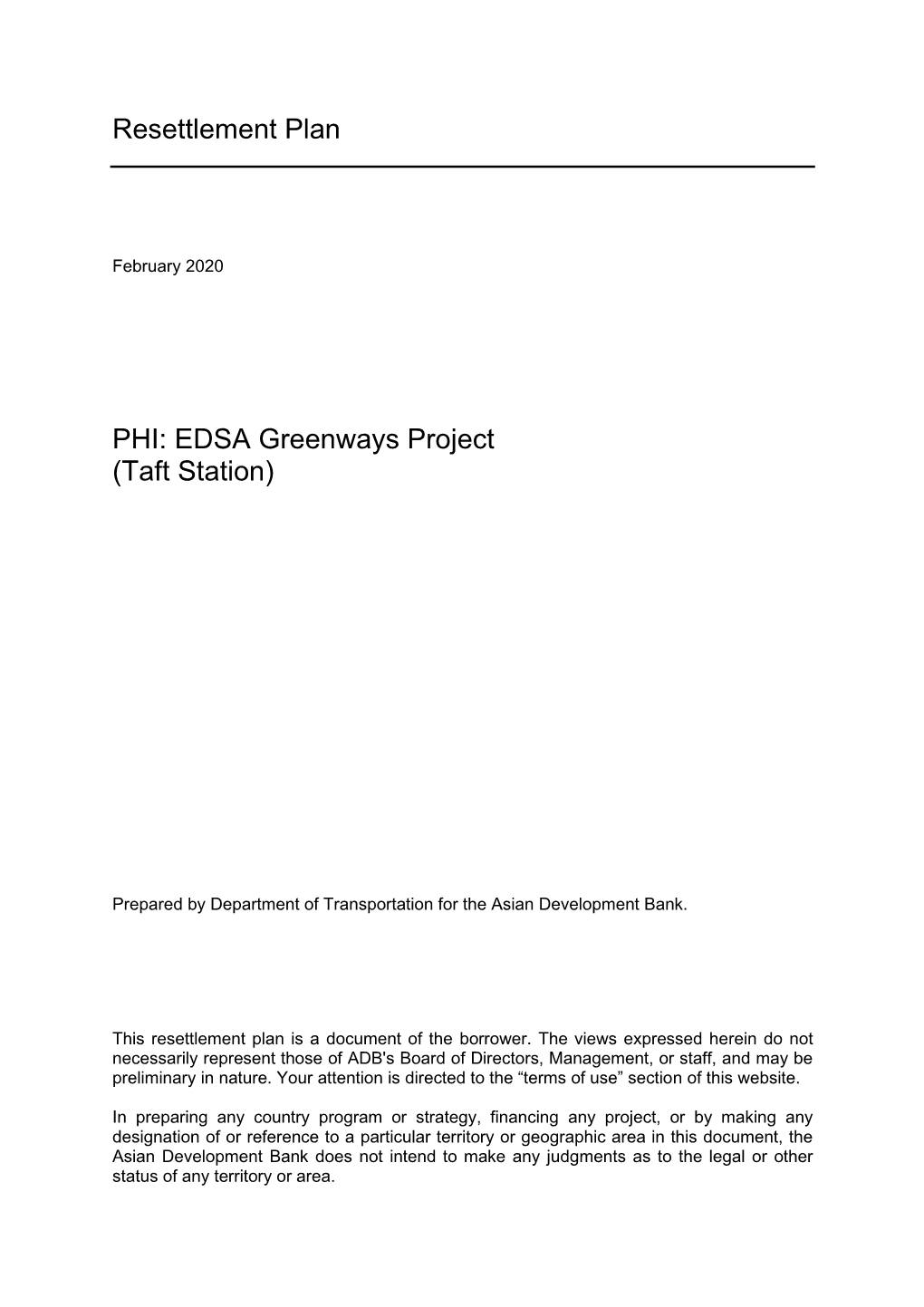 Resettlement Plan PHI: EDSA Greenways Project (Taft Station)