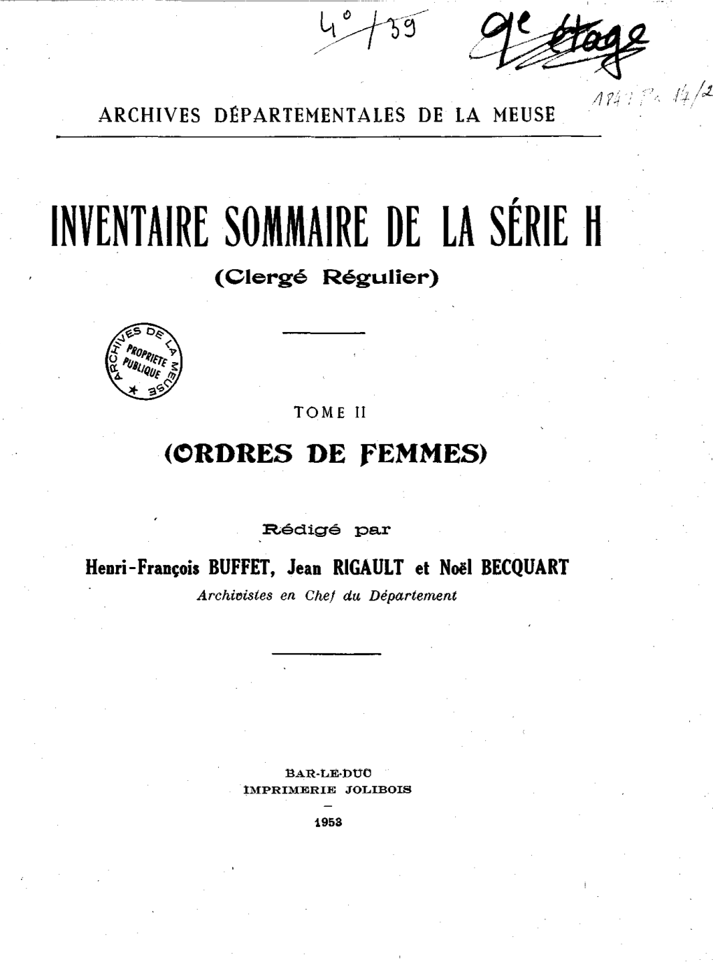 INVENTAIRE SOMMAIRE DE LA SÉRIE H (Clergé Régulier)