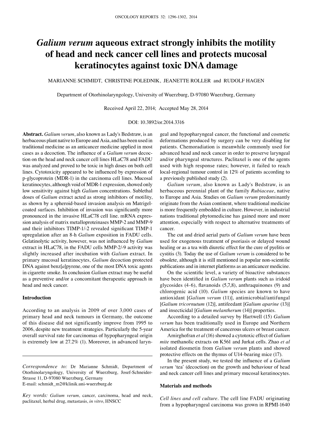 Galium Verum Aqueous Extract Strongly Inhibits the Motility of Head and Neck Cancer Cell Lines and Protects Mucosal Keratinocytes Against Toxic DNA Damage