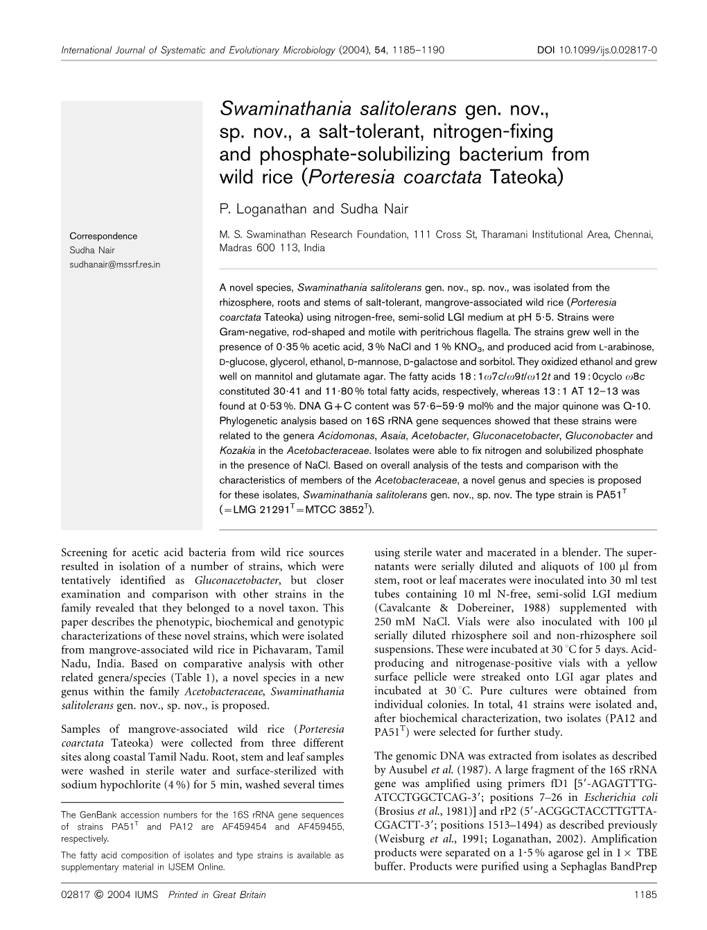 Swaminathania Salitolerans Gen. Nov., Sp. Nov., a Salt-Tolerant, Nitrogen-ﬁxing and Phosphate-Solubilizing Bacterium from Wild Rice (Porteresia Coarctata Tateoka)