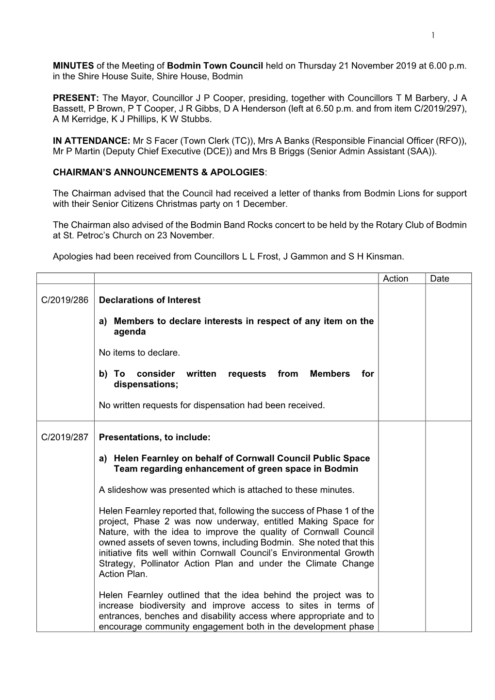 MINUTES of the Meeting of Bodmin Town Council Held on Thursday 21 November 2019 at 6.00 P.M