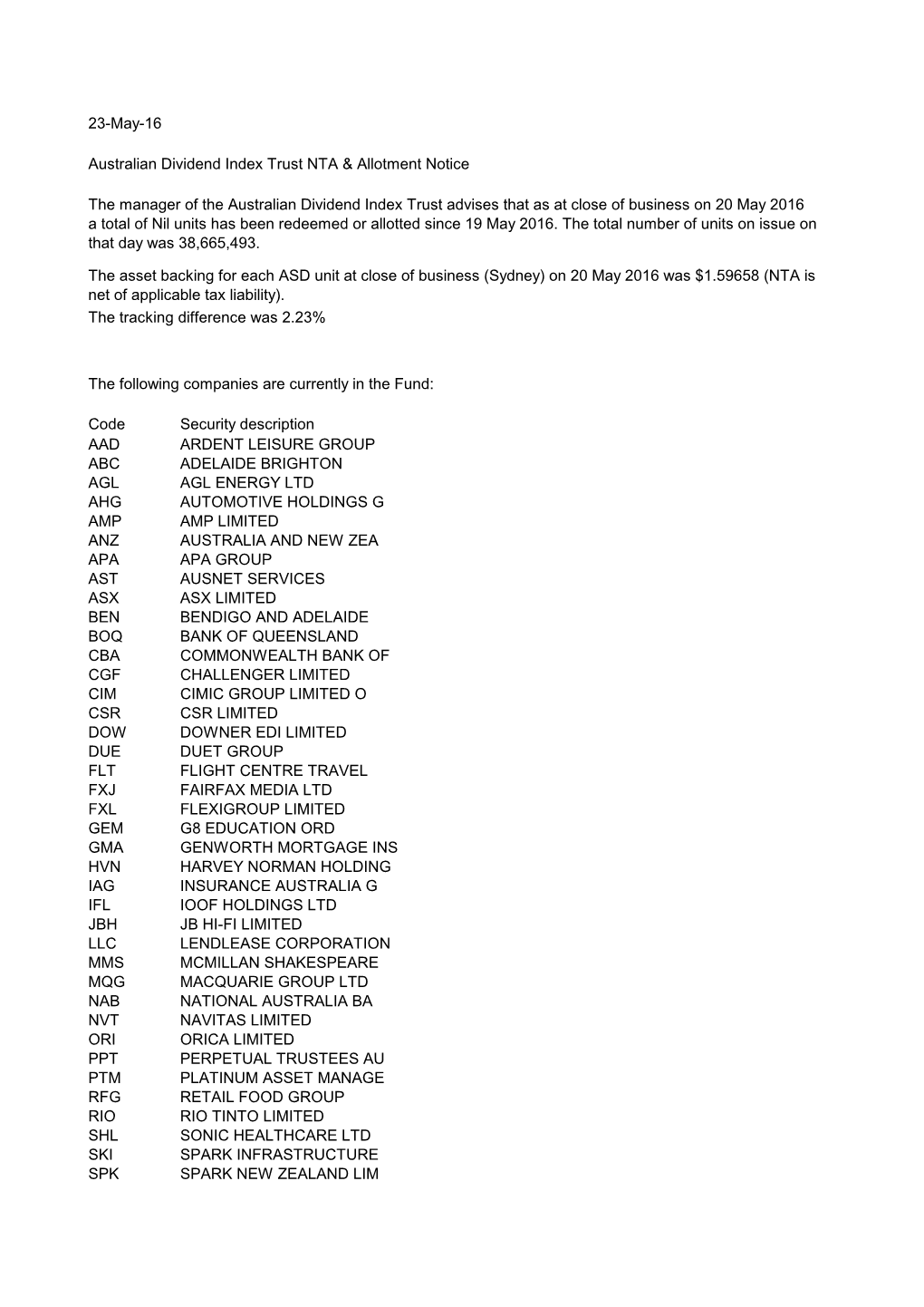 Code Security Description AAD ARDENT LEISURE GROUP ABC ADELAIDE BRIGHTON AGL AGL ENERGY LTD AHG AUTOMOTIVE HOLDINGS G AMP AMP LI