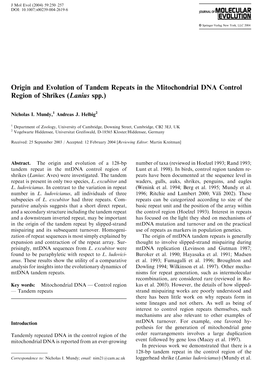 Origin and Evolution of Tandem Repeats in the Mitochondrial DNA Control Region of Shrikes (Lanius Spp.)