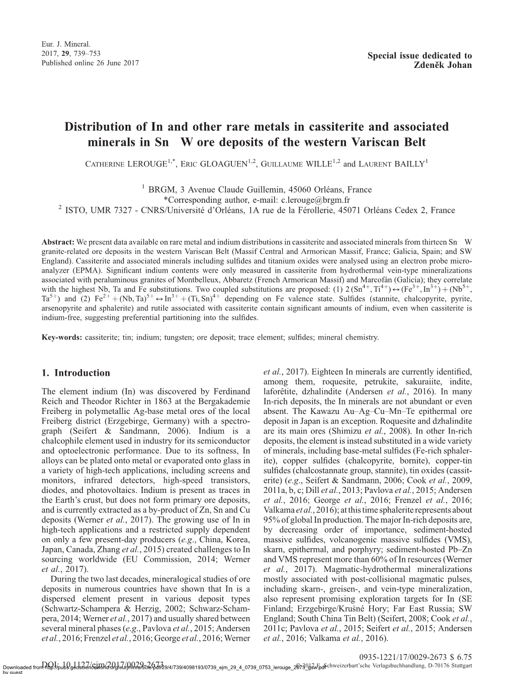 Distribution of in and Other Rare Metals in Cassiterite and Associated Minerals in Sn ± W Ore Deposits of the Western Variscan Belt