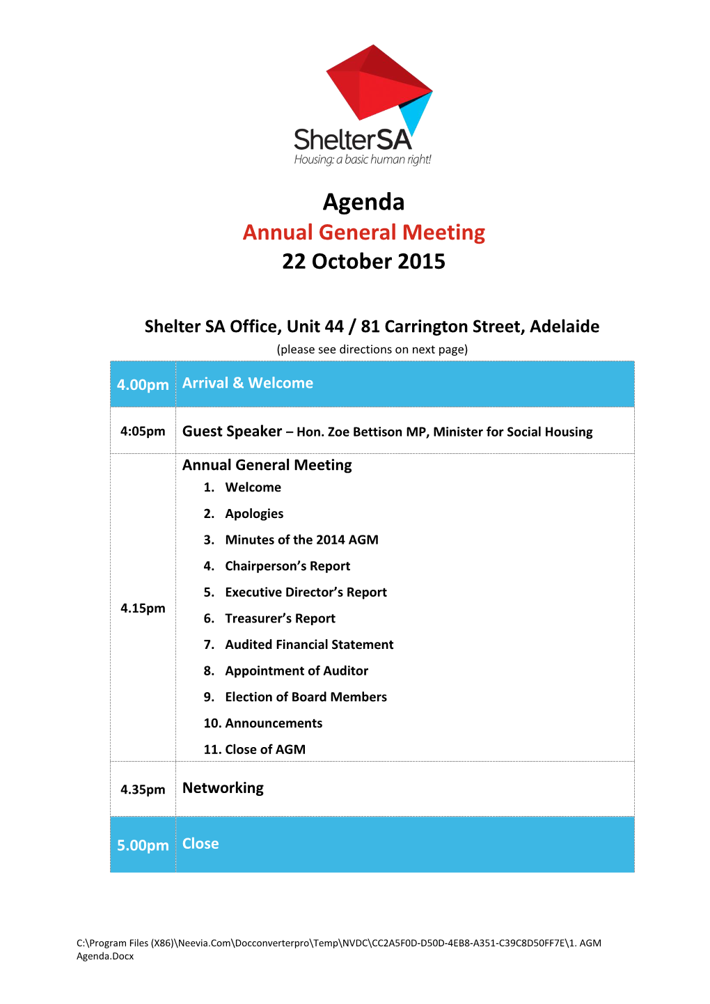 Agenda Annual General Meeting 22 October 2015