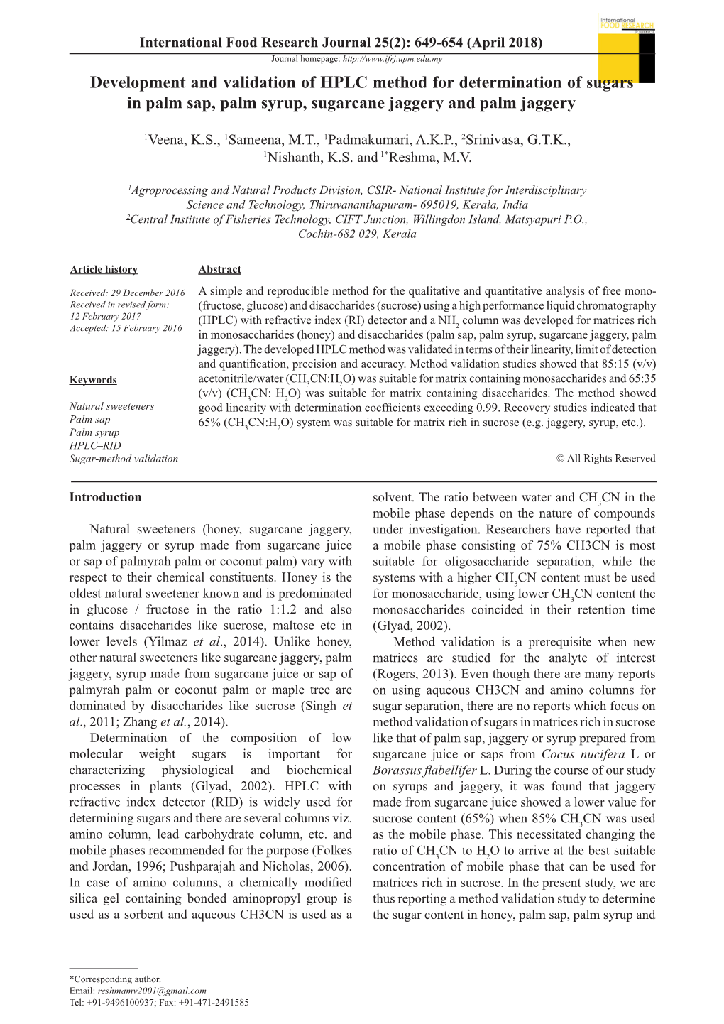 Development and Validation of HPLC Method for Determination of Sugars in Palm Sap, Palm Syrup, Sugarcane Jaggery and Palm Jaggery