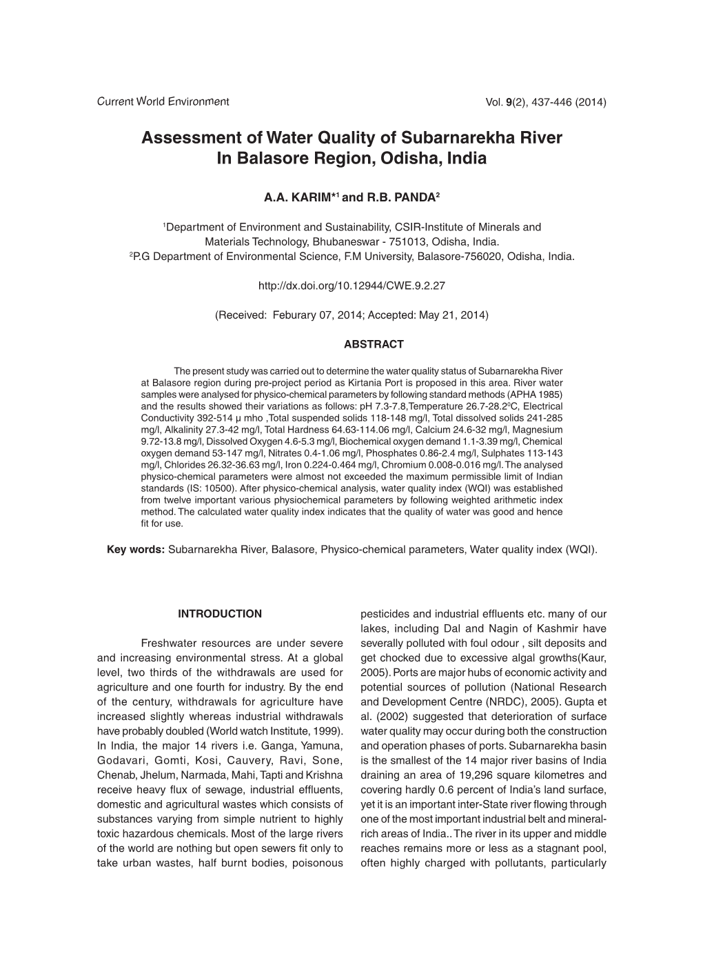 Assessment of Water Quality of Subarnarekha River in Balasore Region, Odisha, India