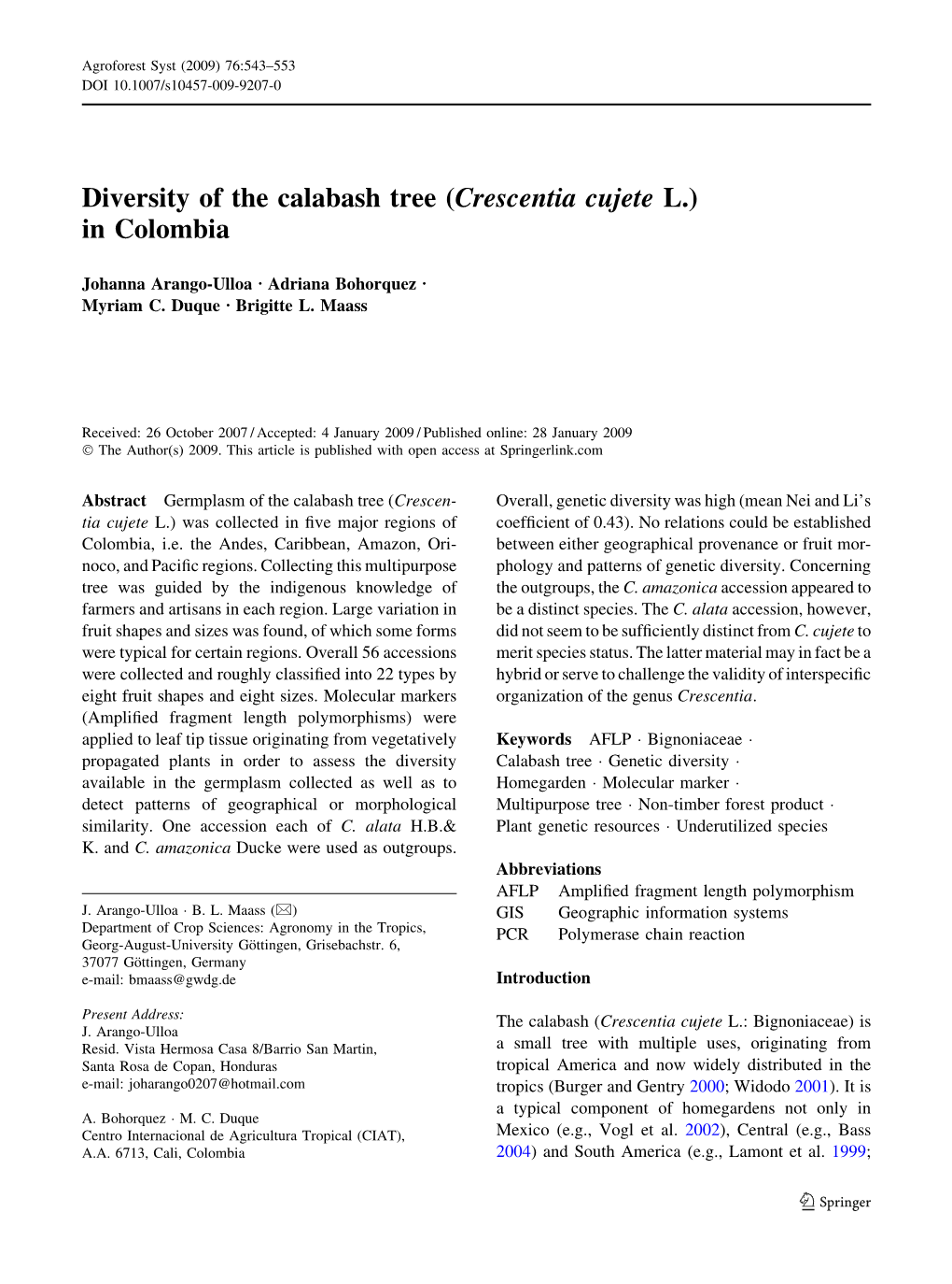 Diversity of the Calabash Tree (Crescentia Cujete L.) in Colombia