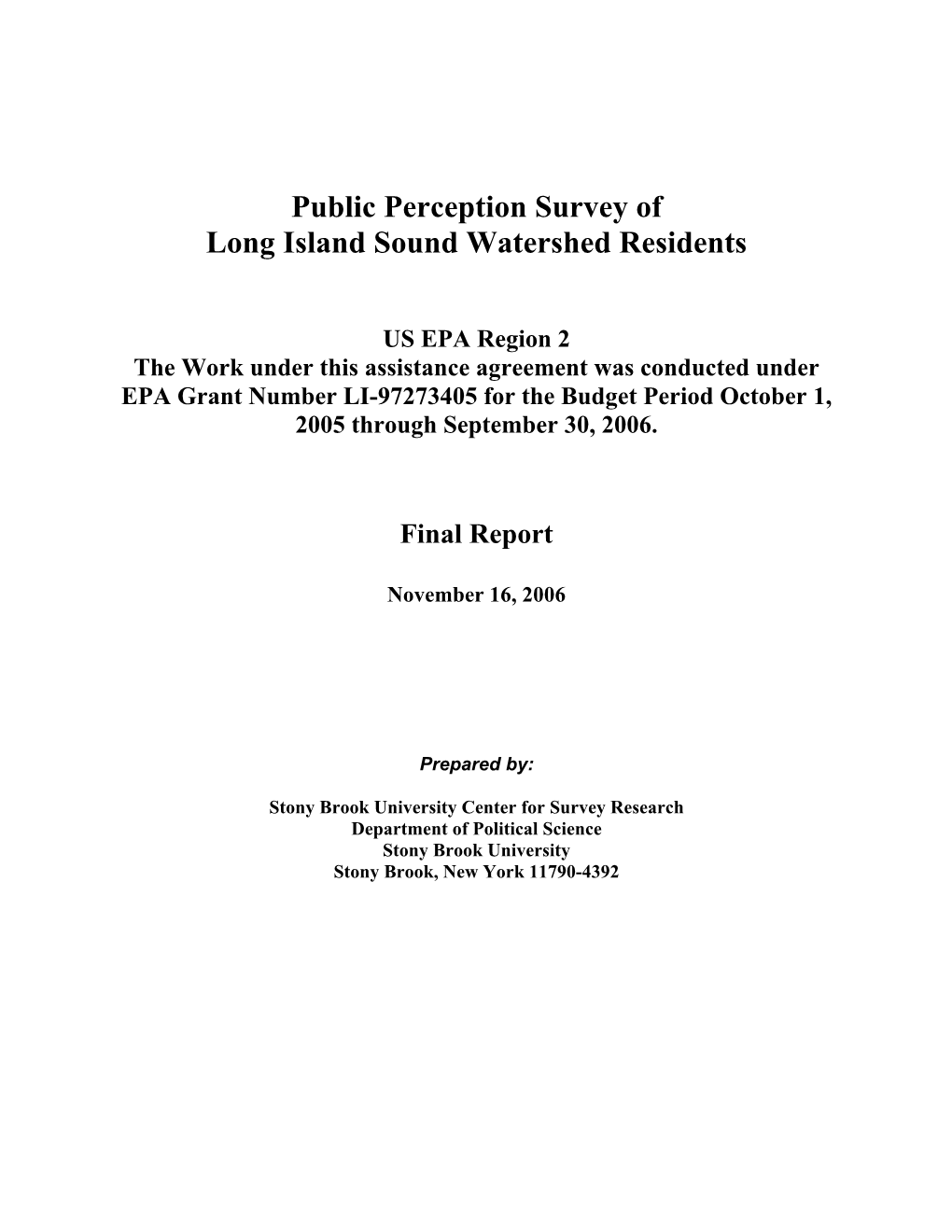 Public Perception Survey of Long Island Sound Watershed Residents