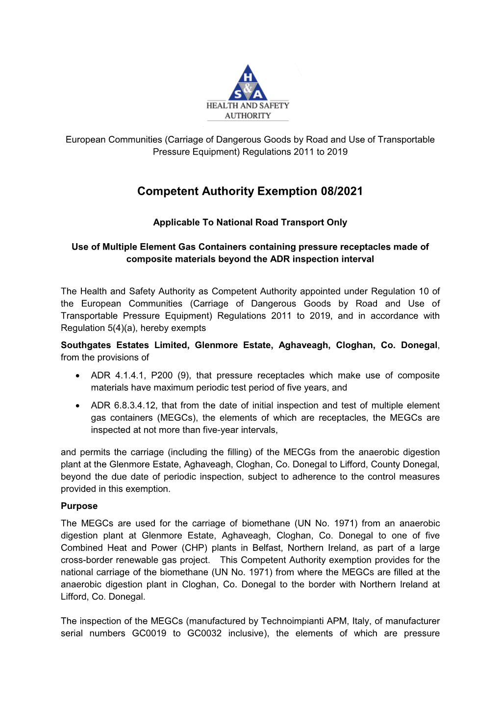Competent Authority Exemption 08/2021