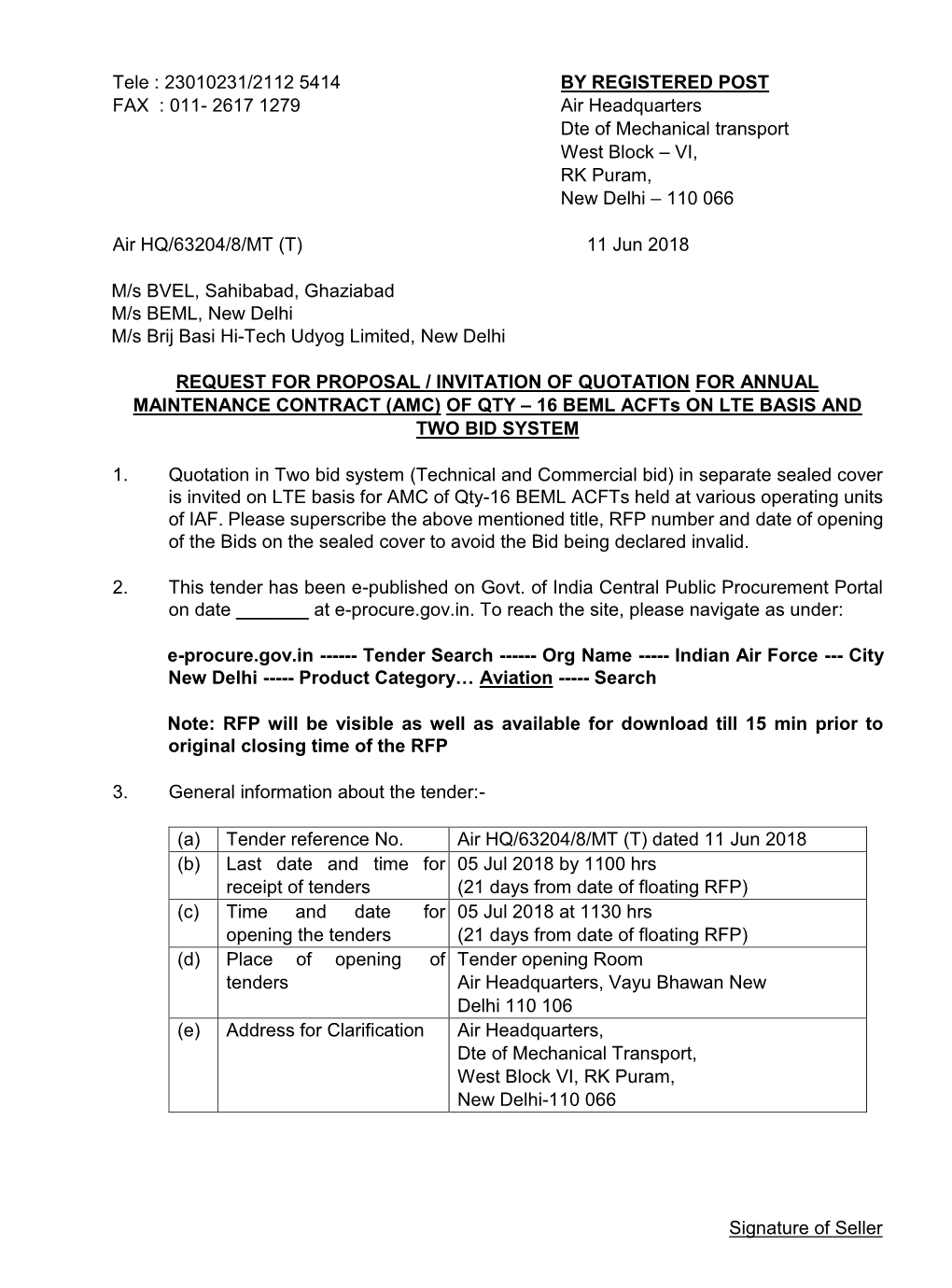 23010231/2112 5414 by REGISTERED POST FAX : 011- 2617 1279 Air Headquarters Dte of Mechanical Transport West Block – VI, RK Puram, New Delhi – 110 066