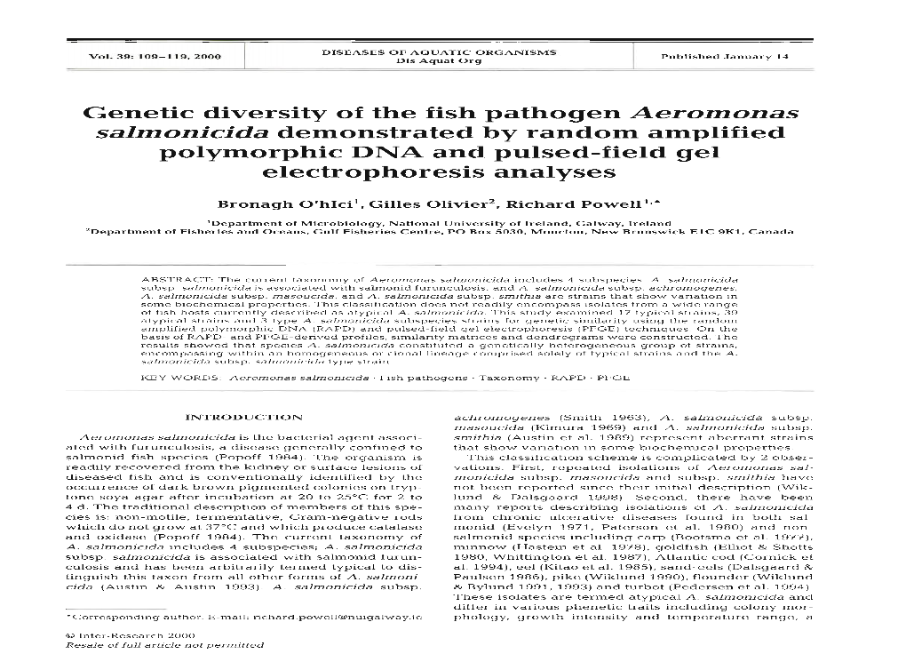 Genetic Diversity of the Fish Pathogen Aeromonas Salmonicida Demonstrated by Random Amplified Polymorphic DNA and Pulsed-Field Gel Electrophoresis Analyses