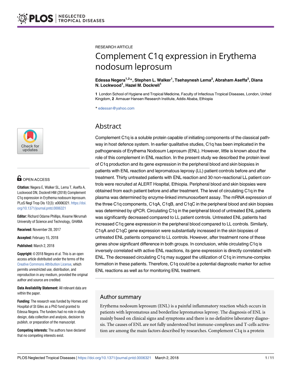 Complement C1q Expression in Erythema Nodosum Leprosum