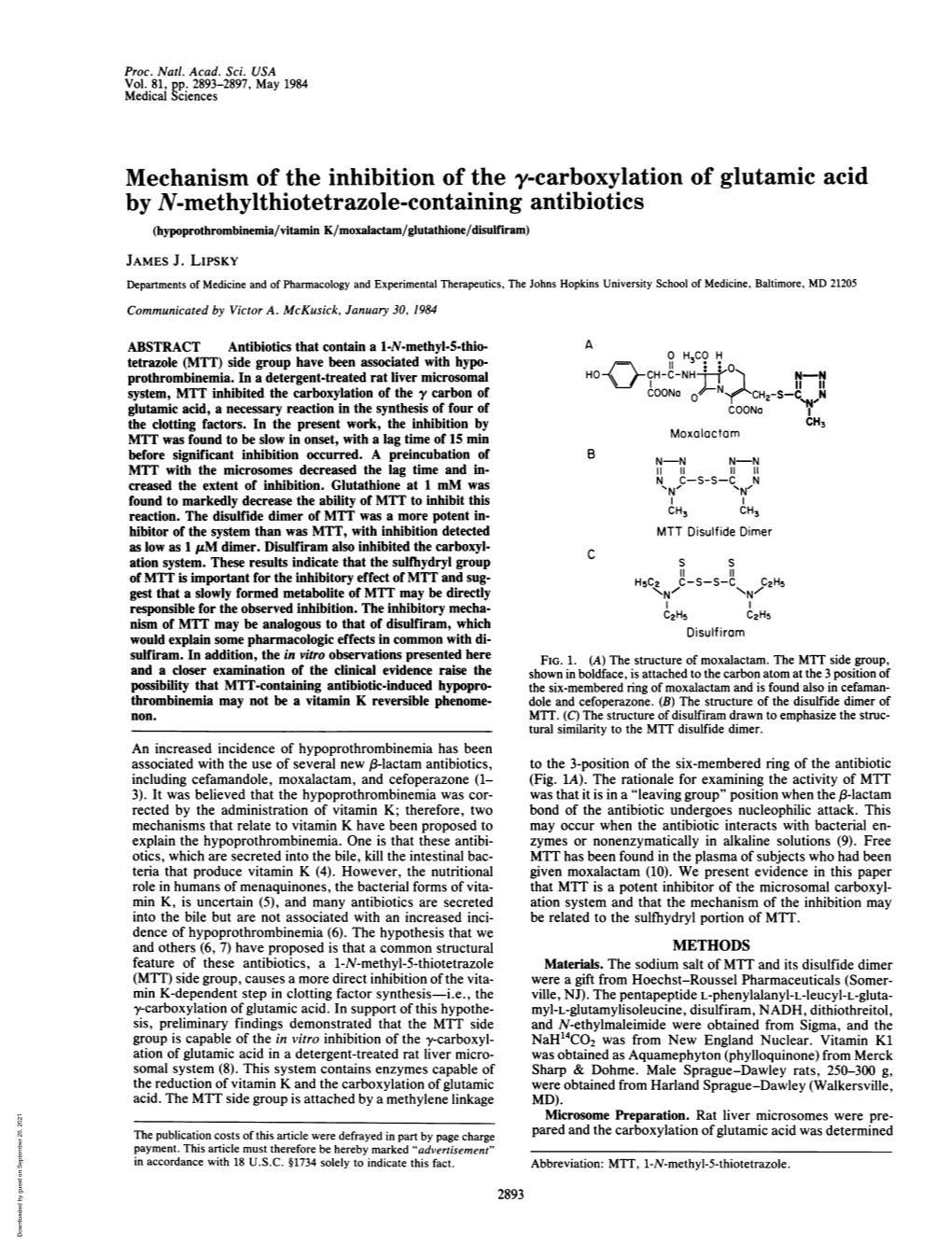 By N-Methylthiotetrazole-Containing Antibiotics (Hypoprothrombinemia/Vitamin K/Moxalactam/Glutathione/Disulfiram) JAMES J