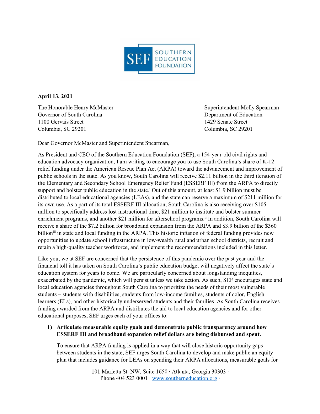 South Carolina Department of Education 1100 Gervais Street 1429 Senate Street Columbia, SC 29201 Columbia, SC 29201