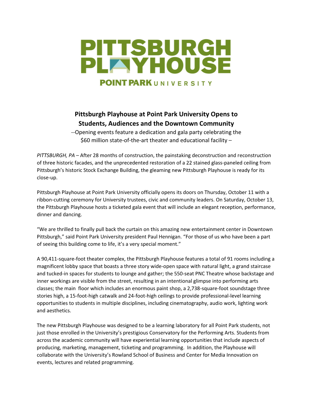 Pittsburgh Playhouse at Point Park University Opens to Students