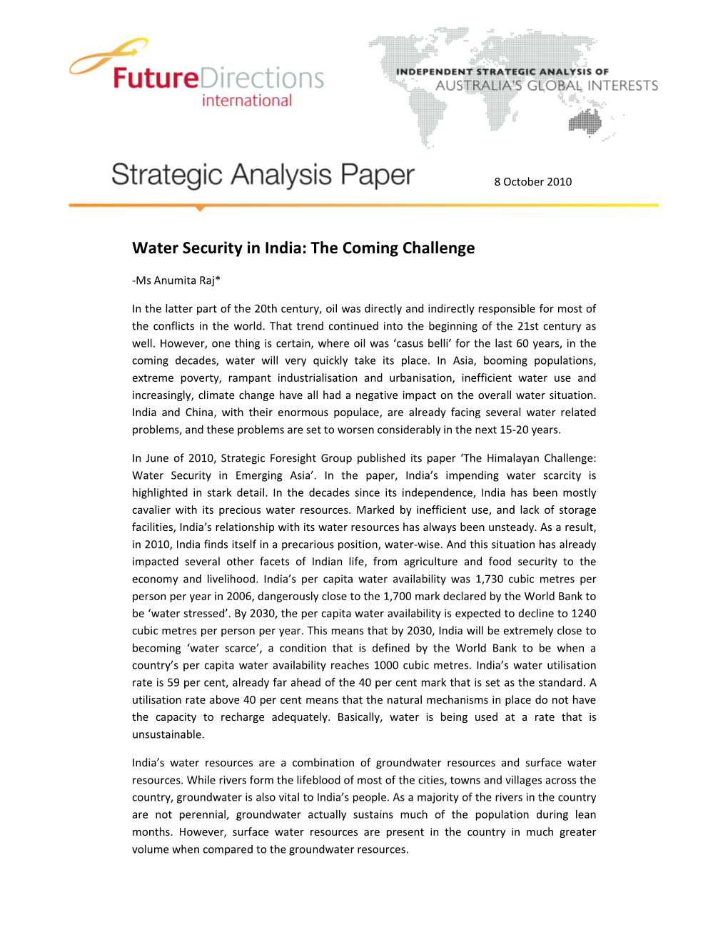 Water Security in India: the Coming Challenge