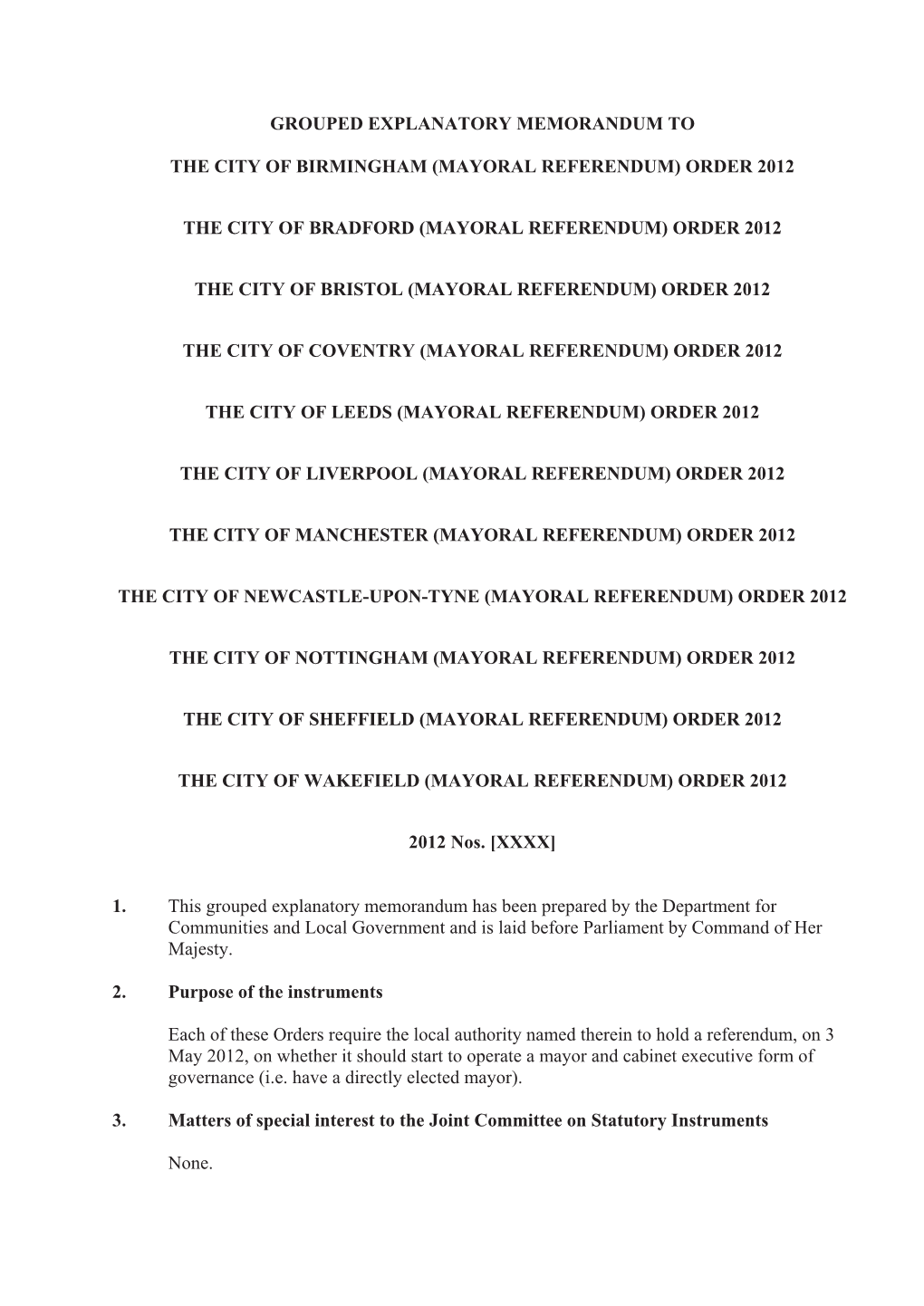 Explanatory Memorandum to the City of Manchester (Mayoral Referendum) Order 2012