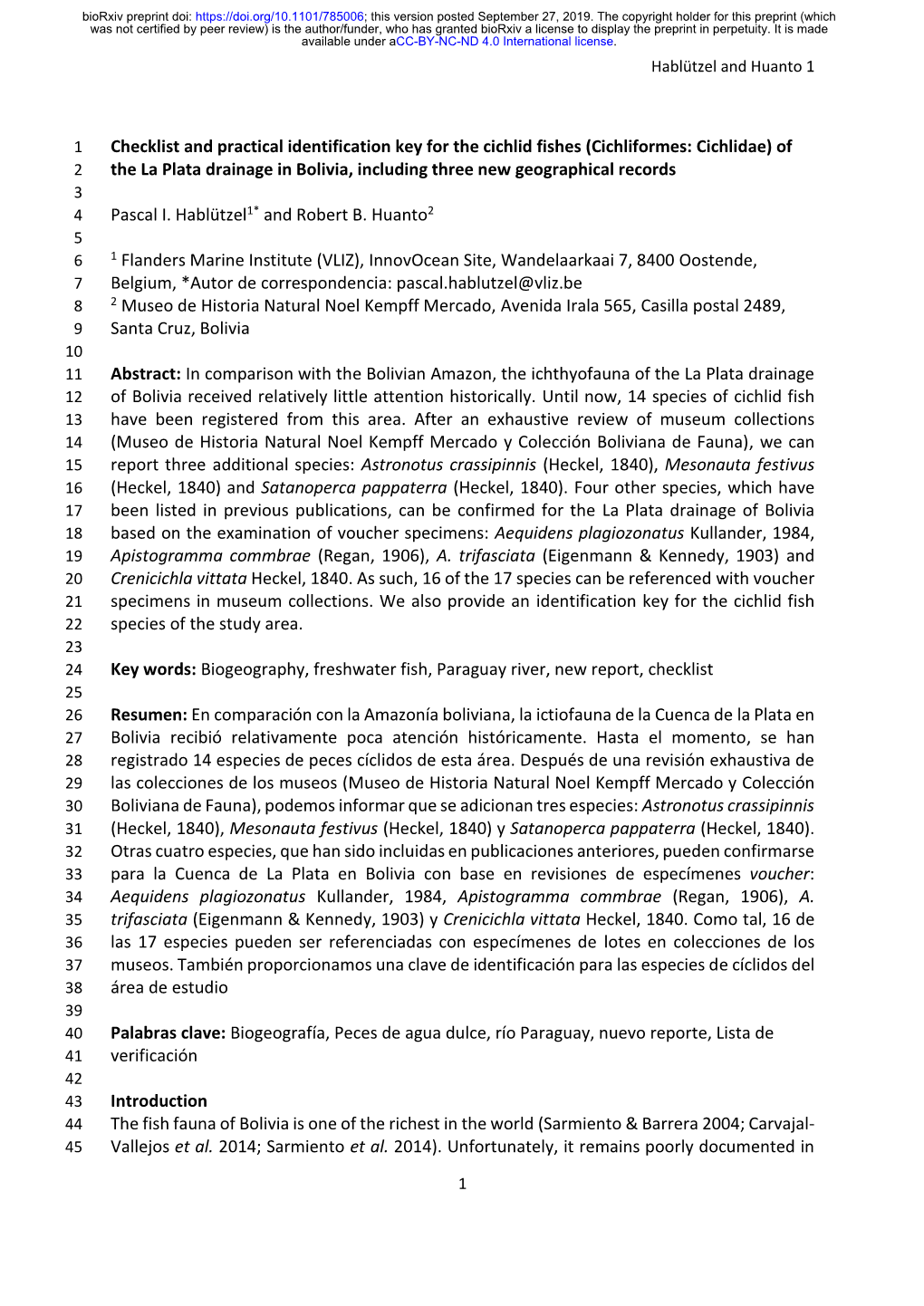 Checklist and Practical Identification Key for the Cichlid