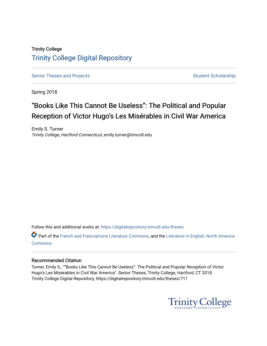 The Political and Popular Reception of Victor Hugo’S Les Misérables in Civil War America