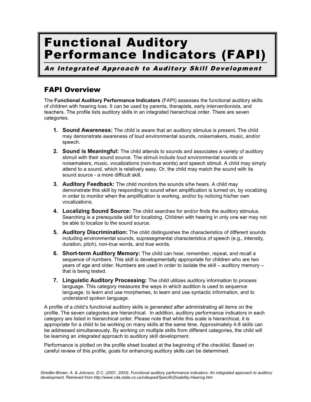 Auditory Development Performance Indicators