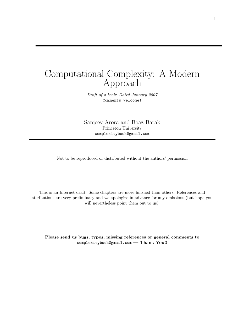 Computational Complexity: a Modern Approach