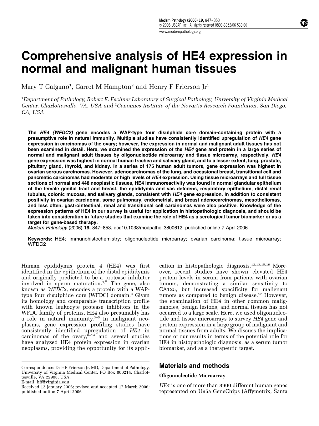 Comprehensive Analysis of HE4 Expression in Normal and Malignant Human Tissues
