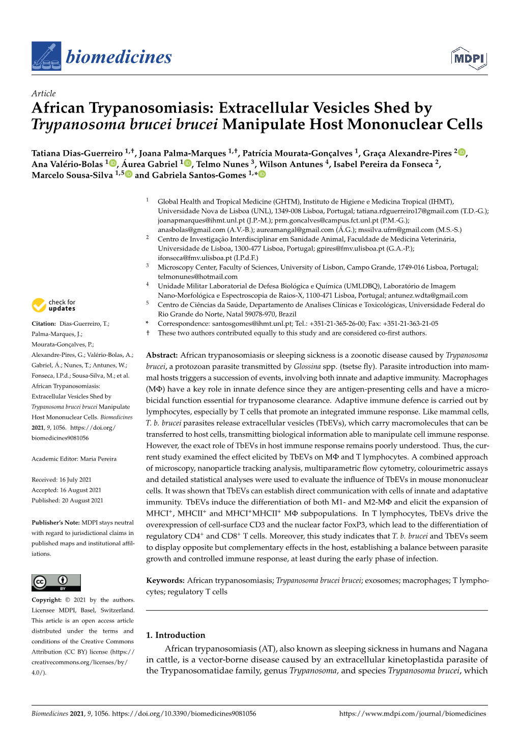 African Trypanosomiasis: Extracellular Vesicles Shed by Trypanosoma Brucei Brucei Manipulate Host Mononuclear Cells