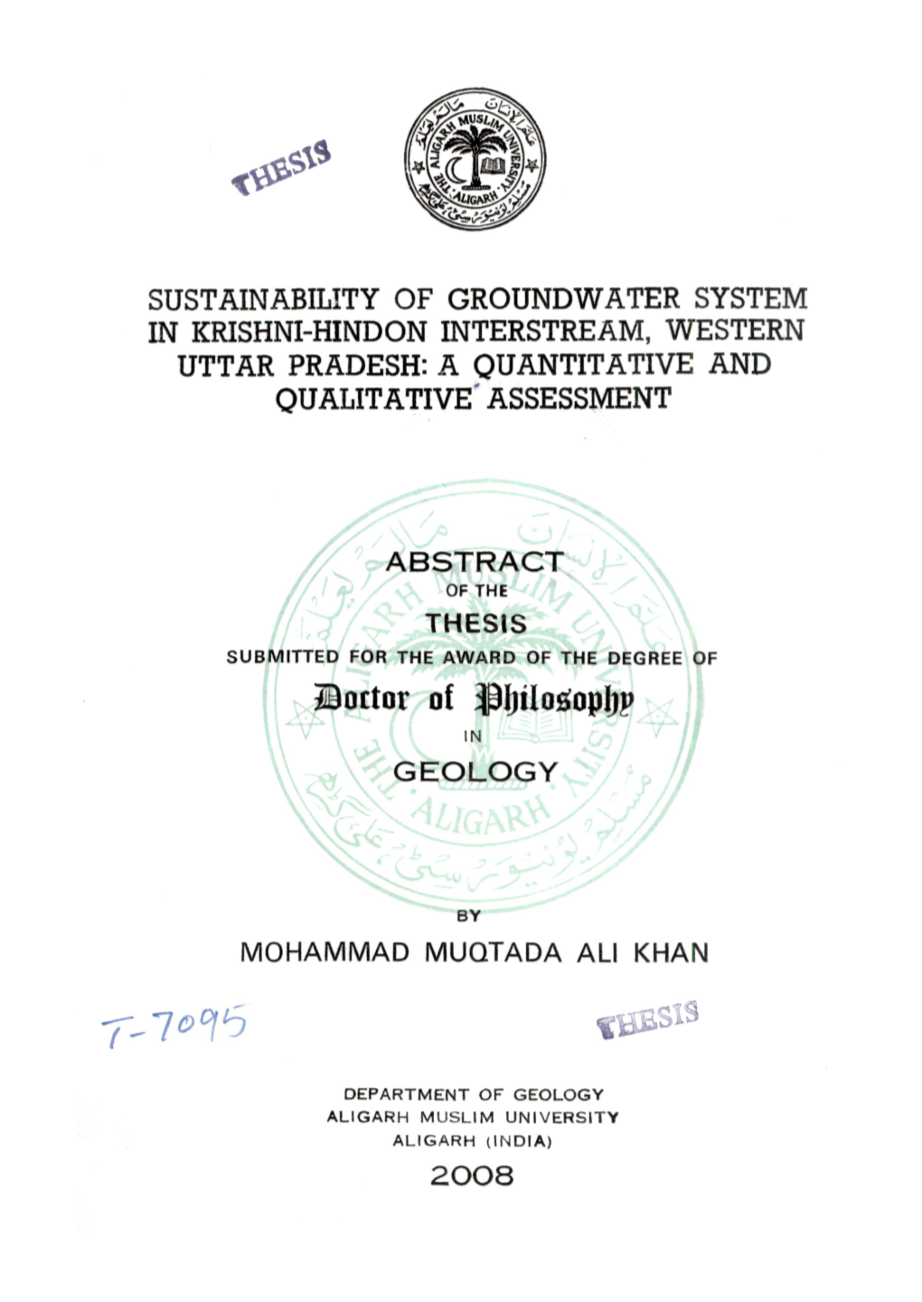 S*^' SUSTAINABILITY of GROUNDWATER SYSTEM