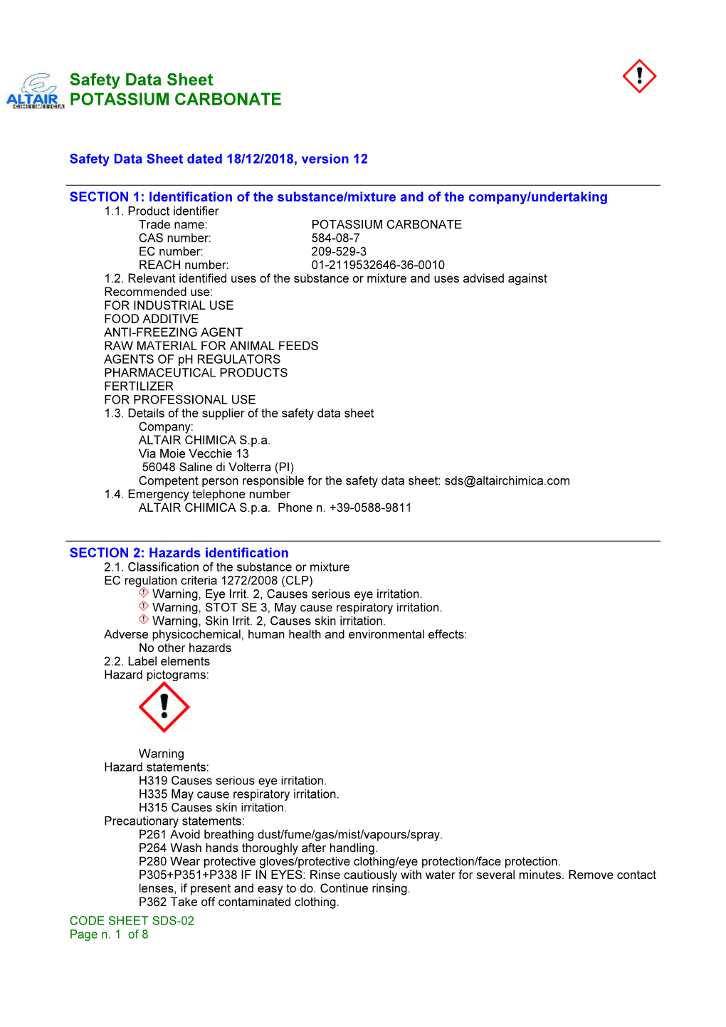 Safety Data Sheet POTASSIUM CARBONATE