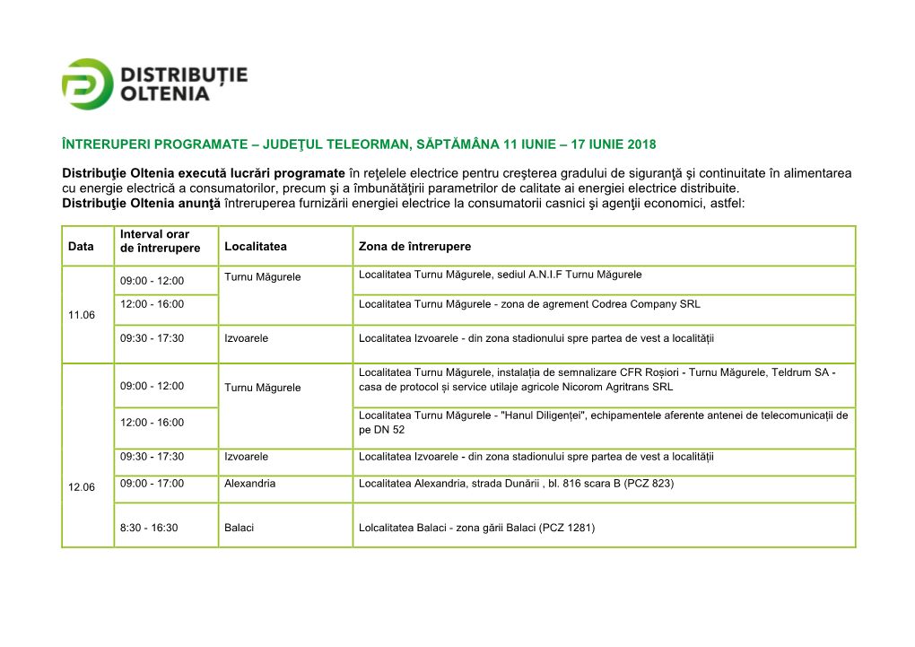 Întreruperi Programate – Judeţul Teleorman, Săptămâna 11 Iunie – 17 Iunie 2018