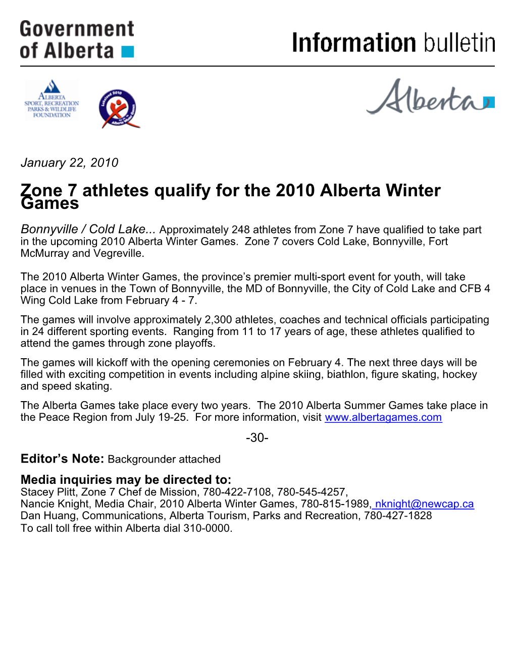 Zone 7 Athletes Qualify for the 2010 Alberta Winter Games