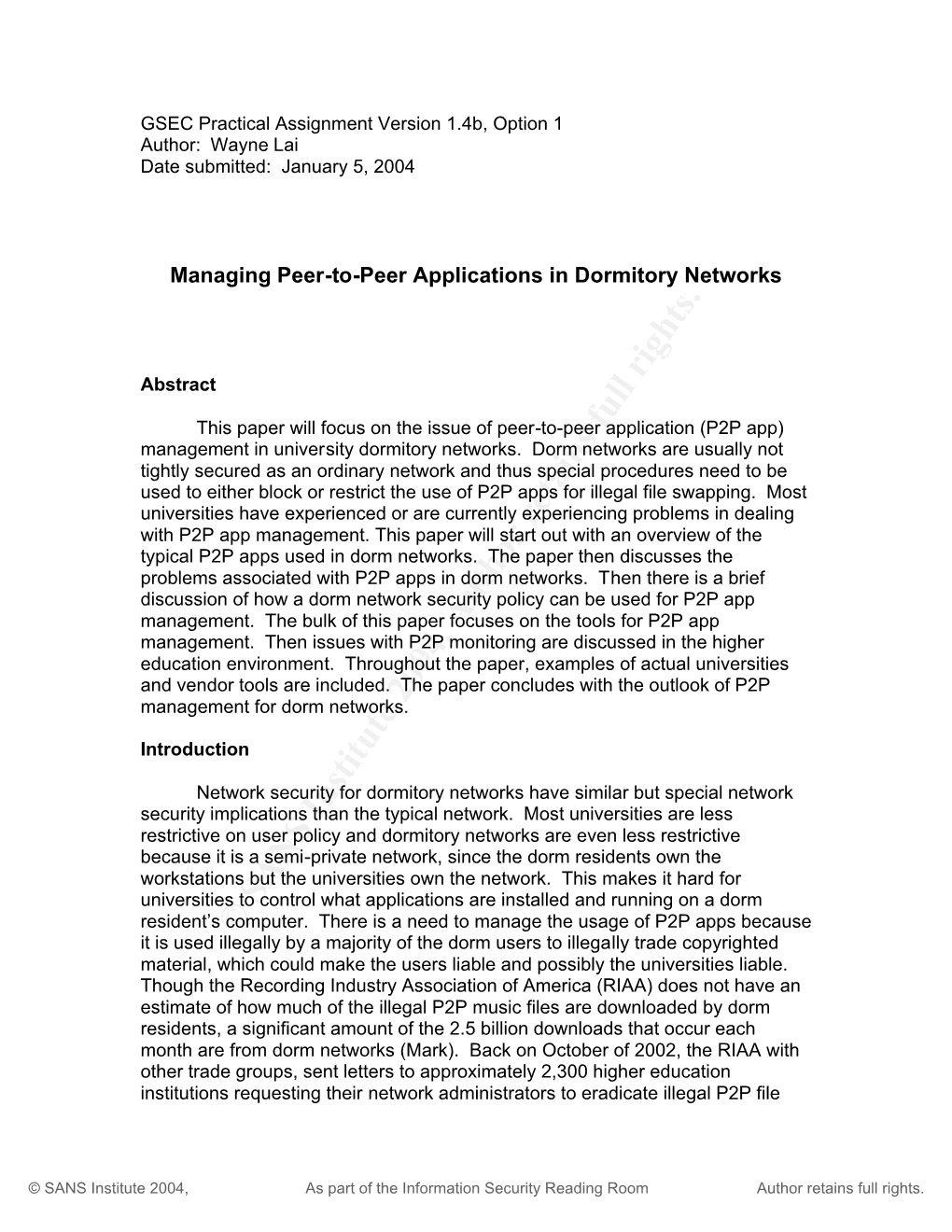 Network Security Policy for Dormitory Networks