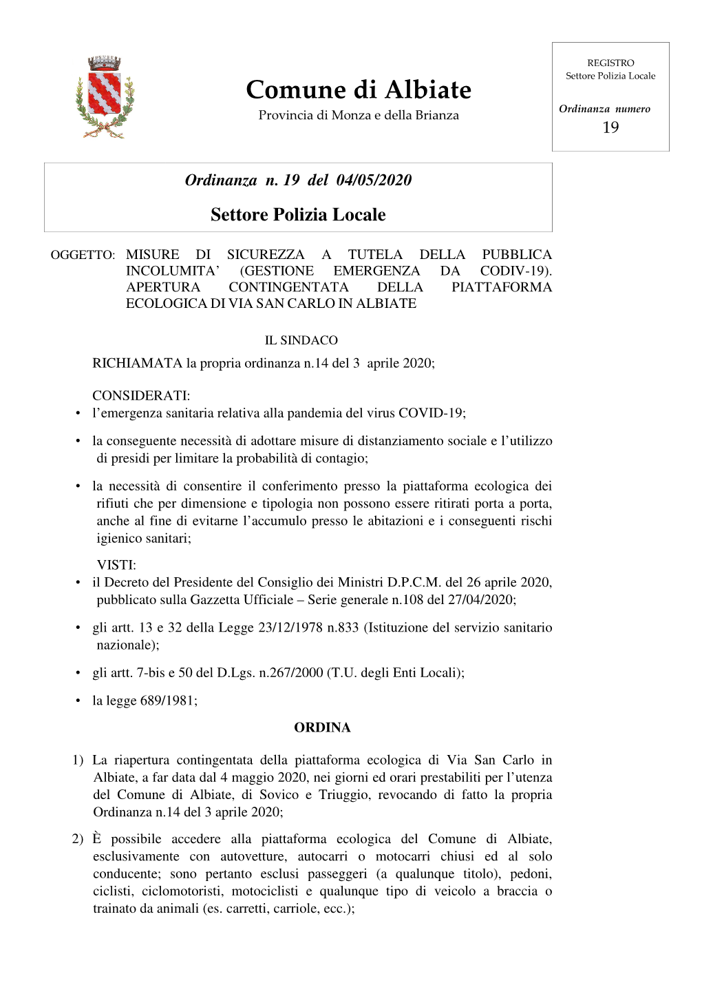 Comune Di Albiate Ordinanza Numero Provincia Di Monza E Della Brianza 19